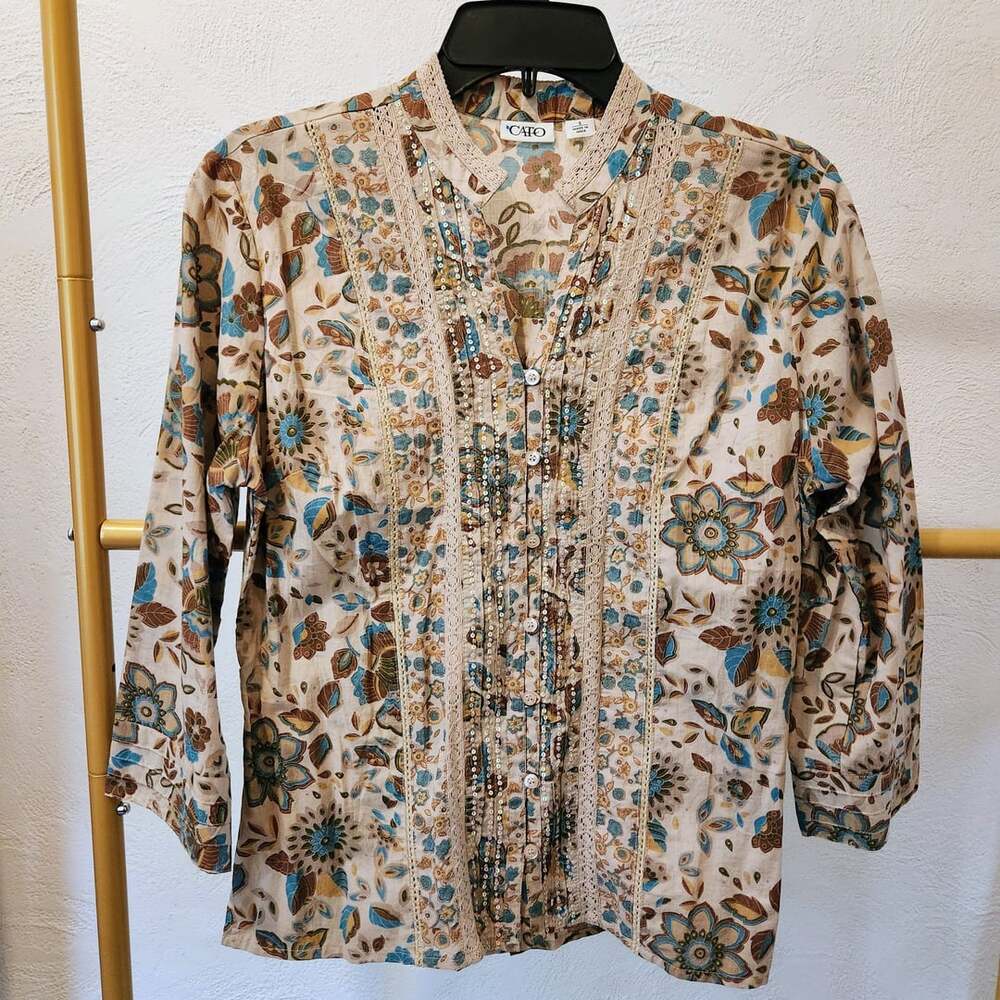 Cato Women's Floral Print 3/4 Sleeve Blouse with Sequin and Lace Trim Size S